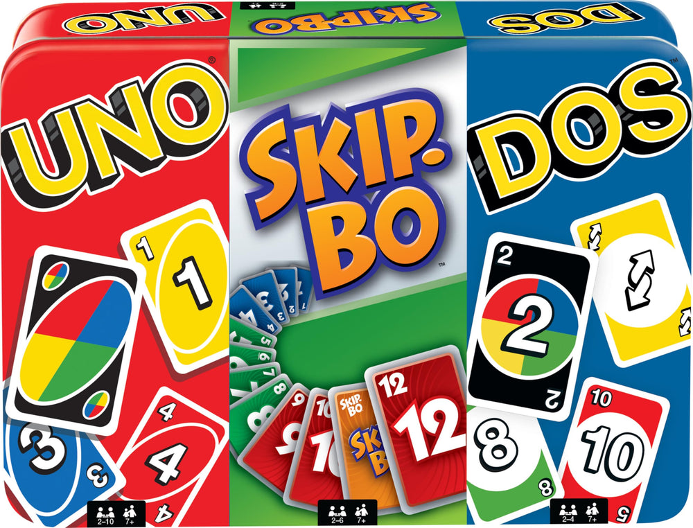 Mattel Games tin packaging holds UNO, DOS, and Skip-Bo for easy travel