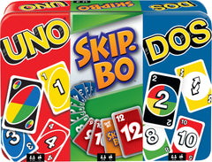 Mattel Games tin packaging holds UNO, DOS, and Skip-Bo for easy travel