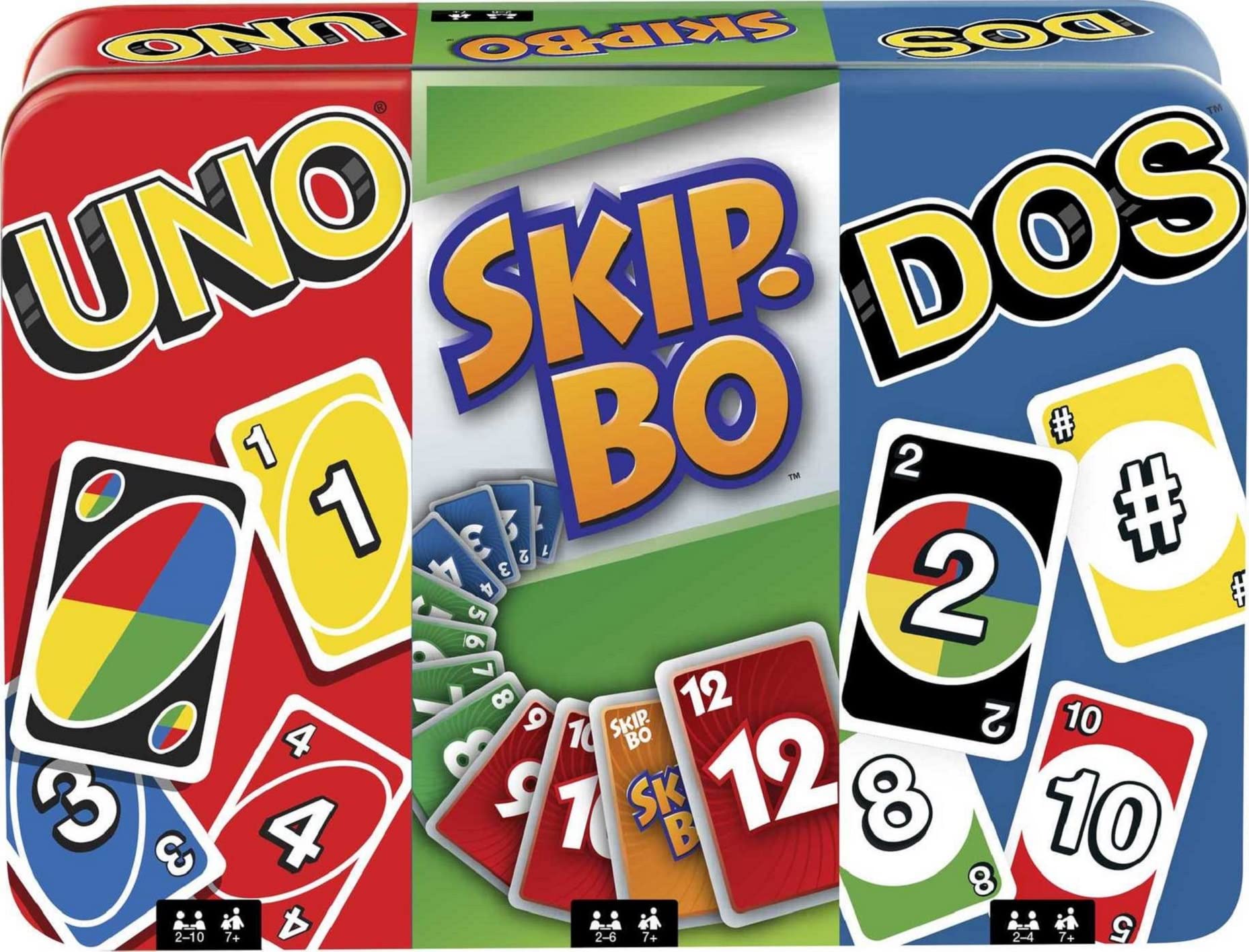 Mattel Games UNO card deck in travel tin for on-the-go game nights.