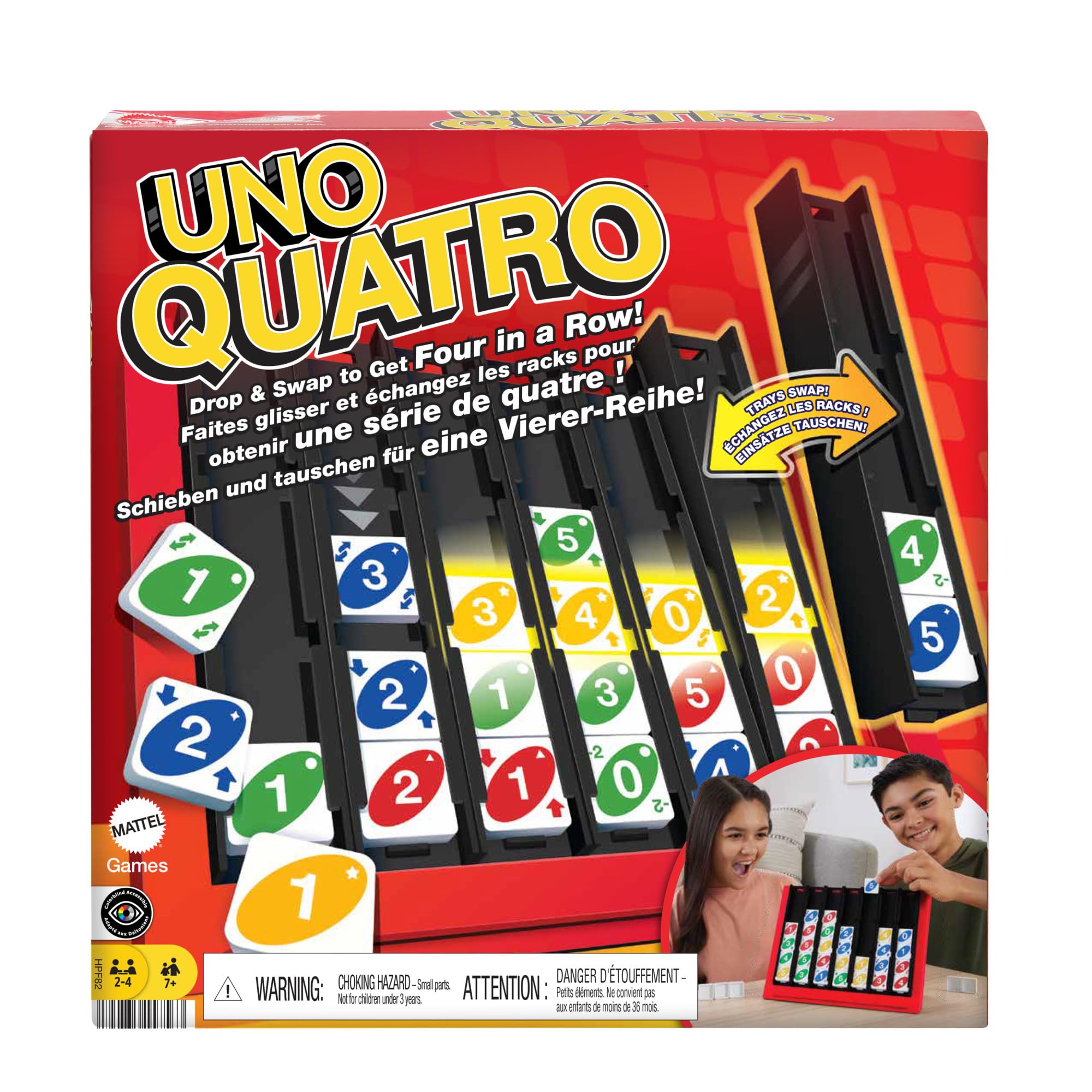 Mattel Games UNO Quatro tray setup shows colorful tiles ready for rapid play
