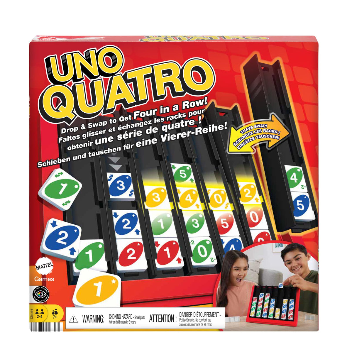 Mattel Games UNO Quatro tray setup shows colorful tiles ready for rapid play