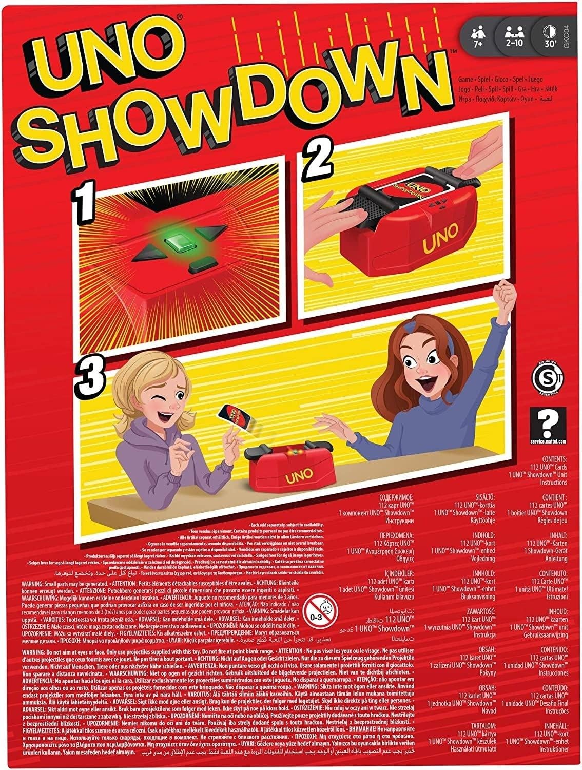 Mattel Games Uno Showdown one-card moment prompts shouting UNO.