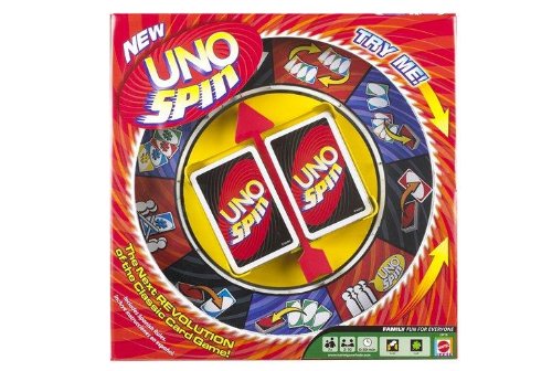 Mattel Games UNO Spin play scene showing a lively family round
