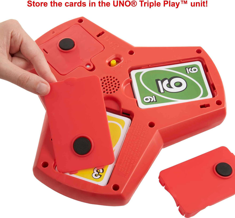 Three-pile setup supports a fun family game night with UNO Triple Play