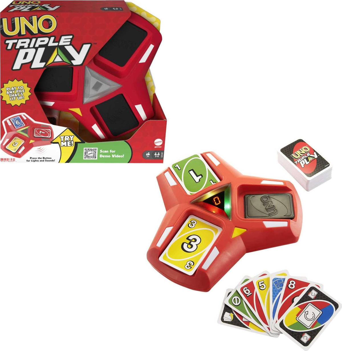 Mattel Games UNO Triple Play showing three lit piles for quick, strategic play