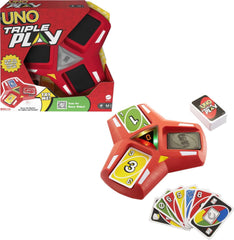 Mattel Games UNO Triple Play showing three lit piles for quick, strategic play