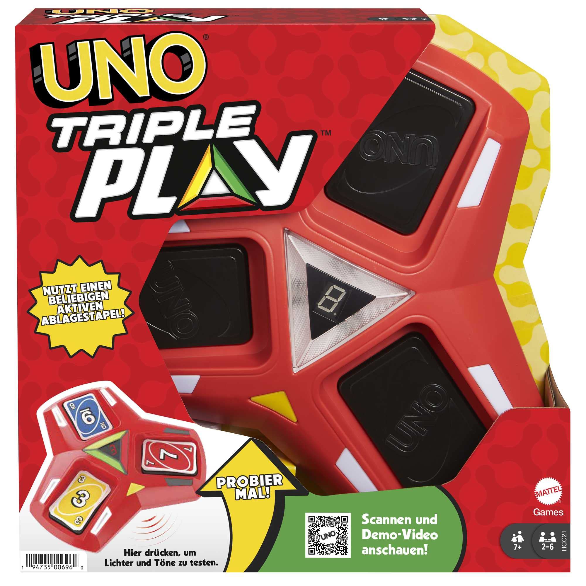 Mattel Games UNO Triple Play unit with three discard piles enables dynamic, suspenseful play.