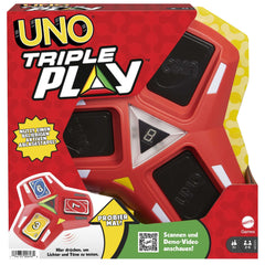 Mattel Games UNO Triple Play unit with three discard piles enables dynamic, suspenseful play.