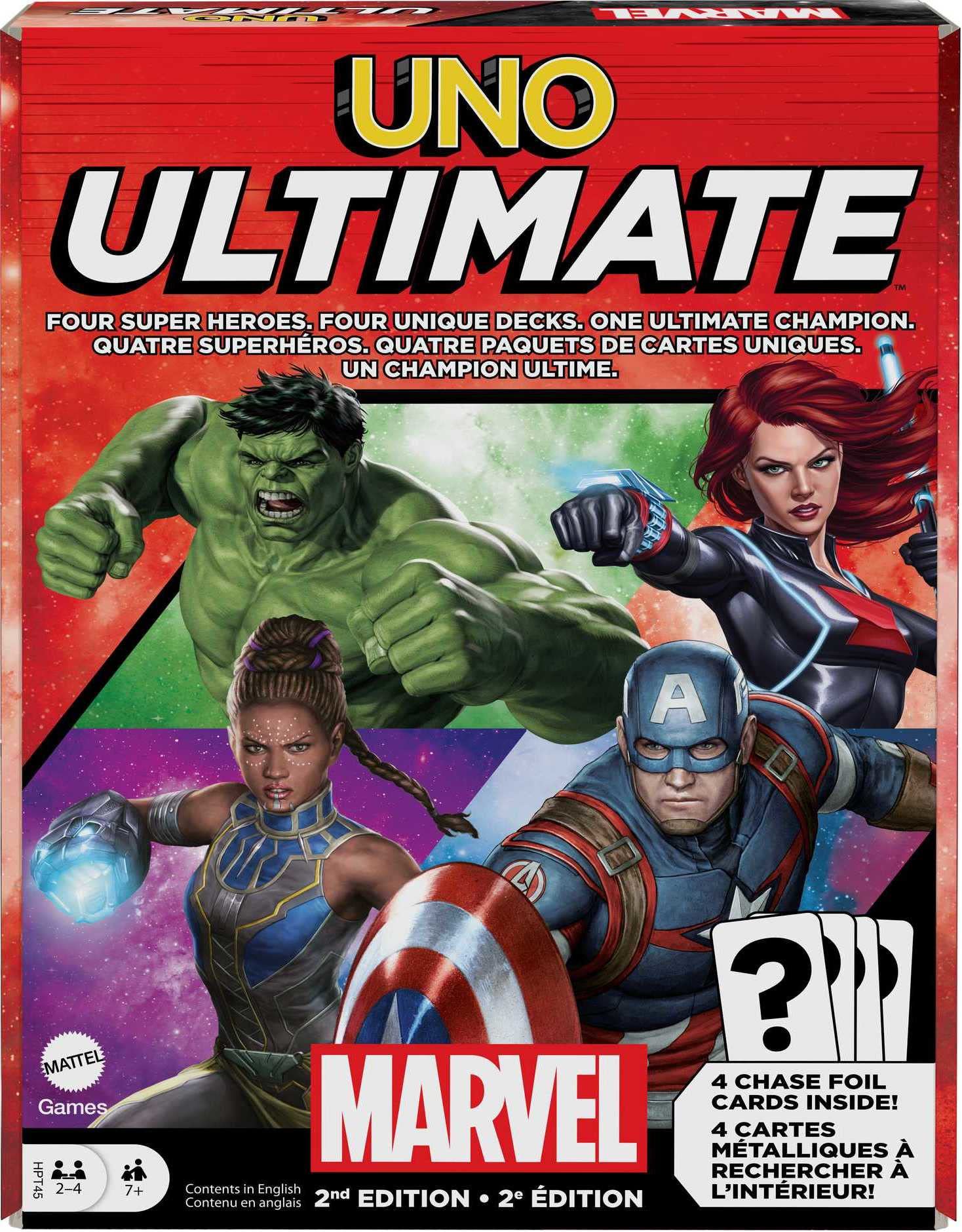 Mattel Games UNO Ultimate Marvel Captain Marvel deck with hero powers for exciting turns.