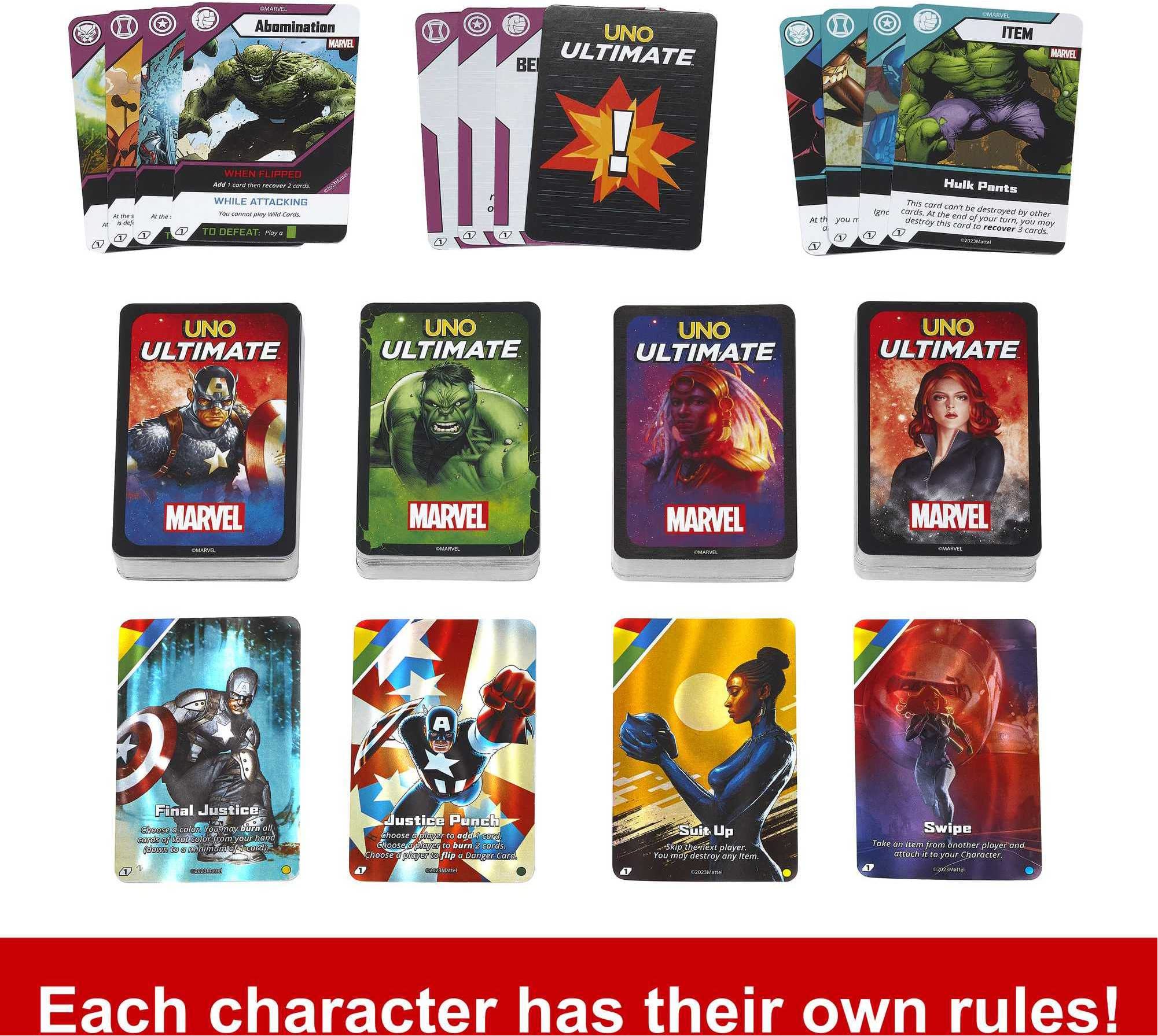 Mattel Games UNO Ultimate Marvel Danger Deck cards spice rounds with events.