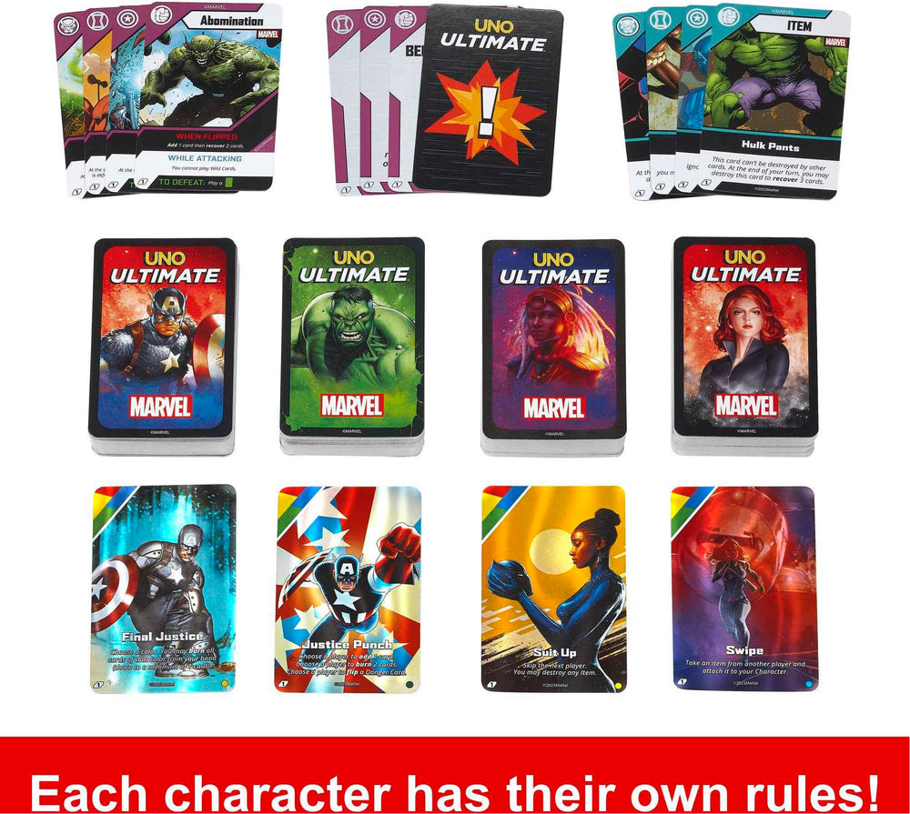 Mattel Games UNO Ultimate Marvel Danger Deck cards spice rounds with events.