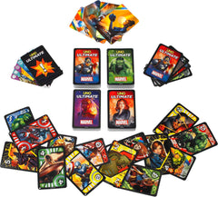 Mattel Games UNO Ultimate Marvel collectible Foil Cards add shine and collectibility.