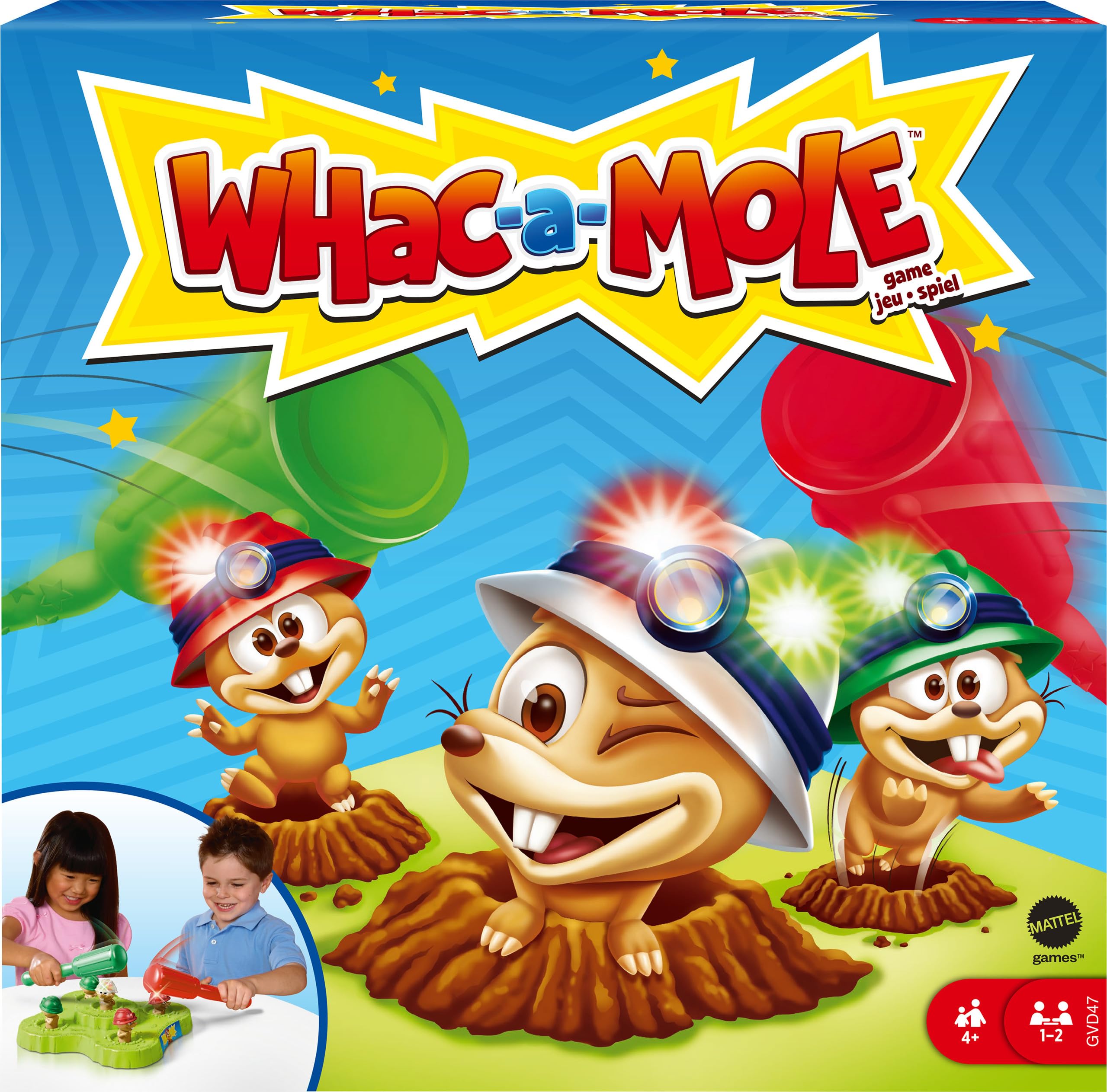 Mattel Games WHAC-A-MOLE arcade unit lit up for exciting play sessions.