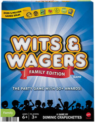 Mattel Games Wits & Wagers Family Edition game play setup for fast family fun.