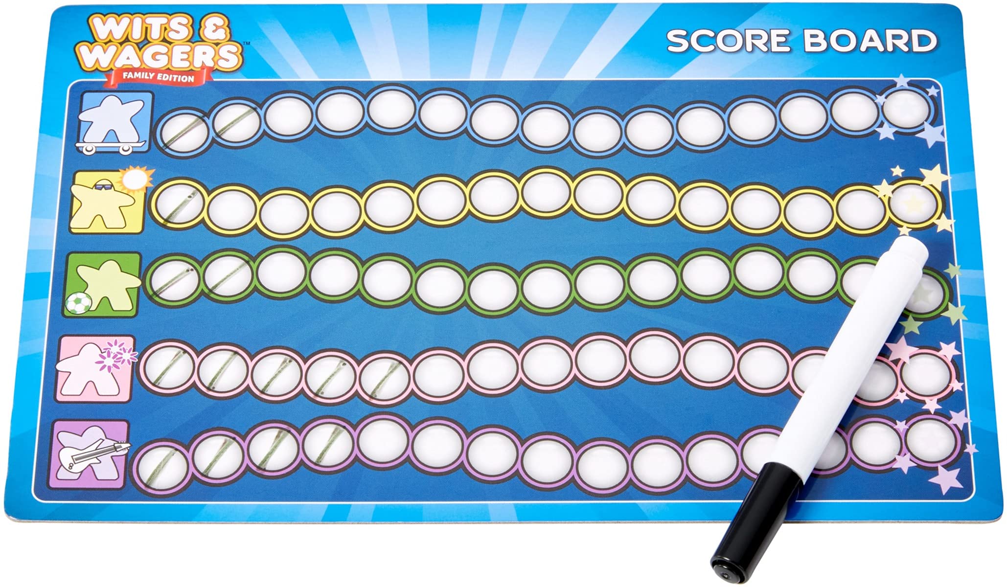 Mattel Games Wits & Wagers Family Edition score tiles help track points easily.