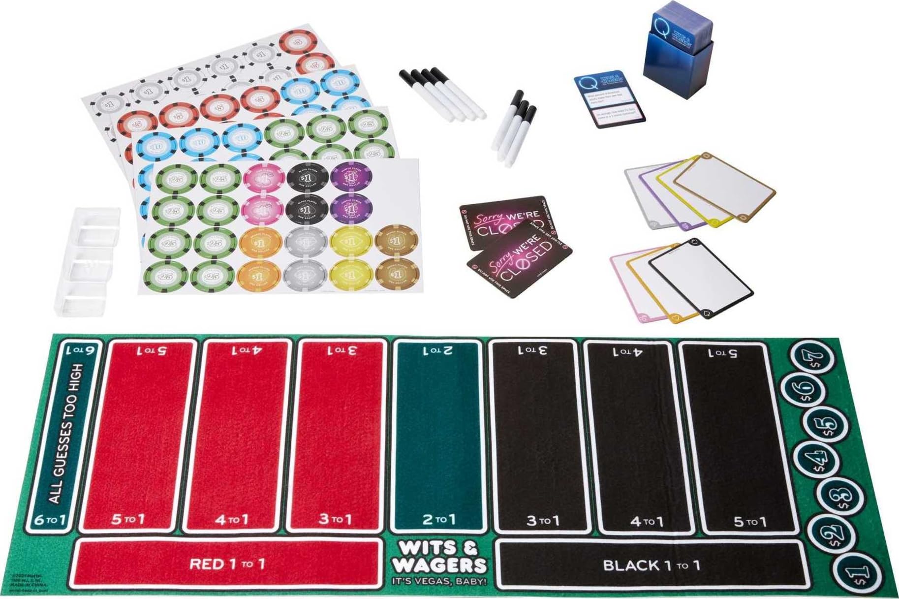 Mattel Games Wits & Wagers Vegas Edition box contents ready to go