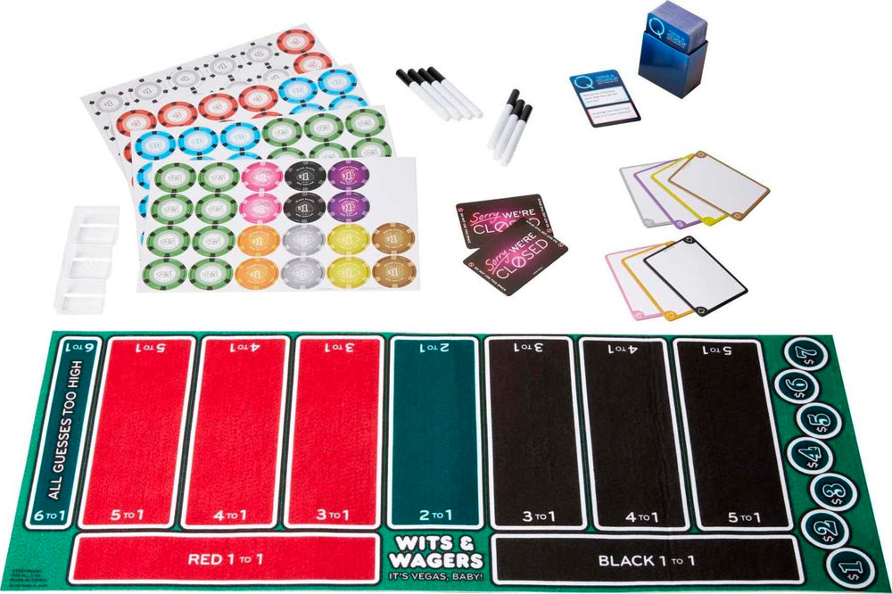 Mattel Games Wits & Wagers Vegas Edition box contents ready to go