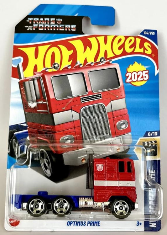 Mattel Hot Wheels Optimus Prime red and blue die-cast vehicle, ideal for display or play.