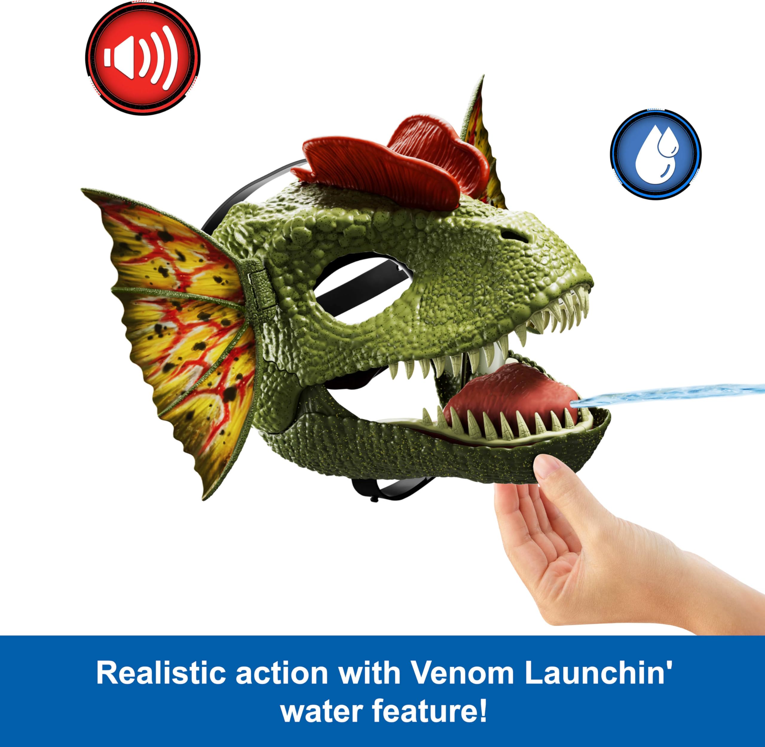 Mattel mask features an expandable frill for authentic Dilophosaurus styling.