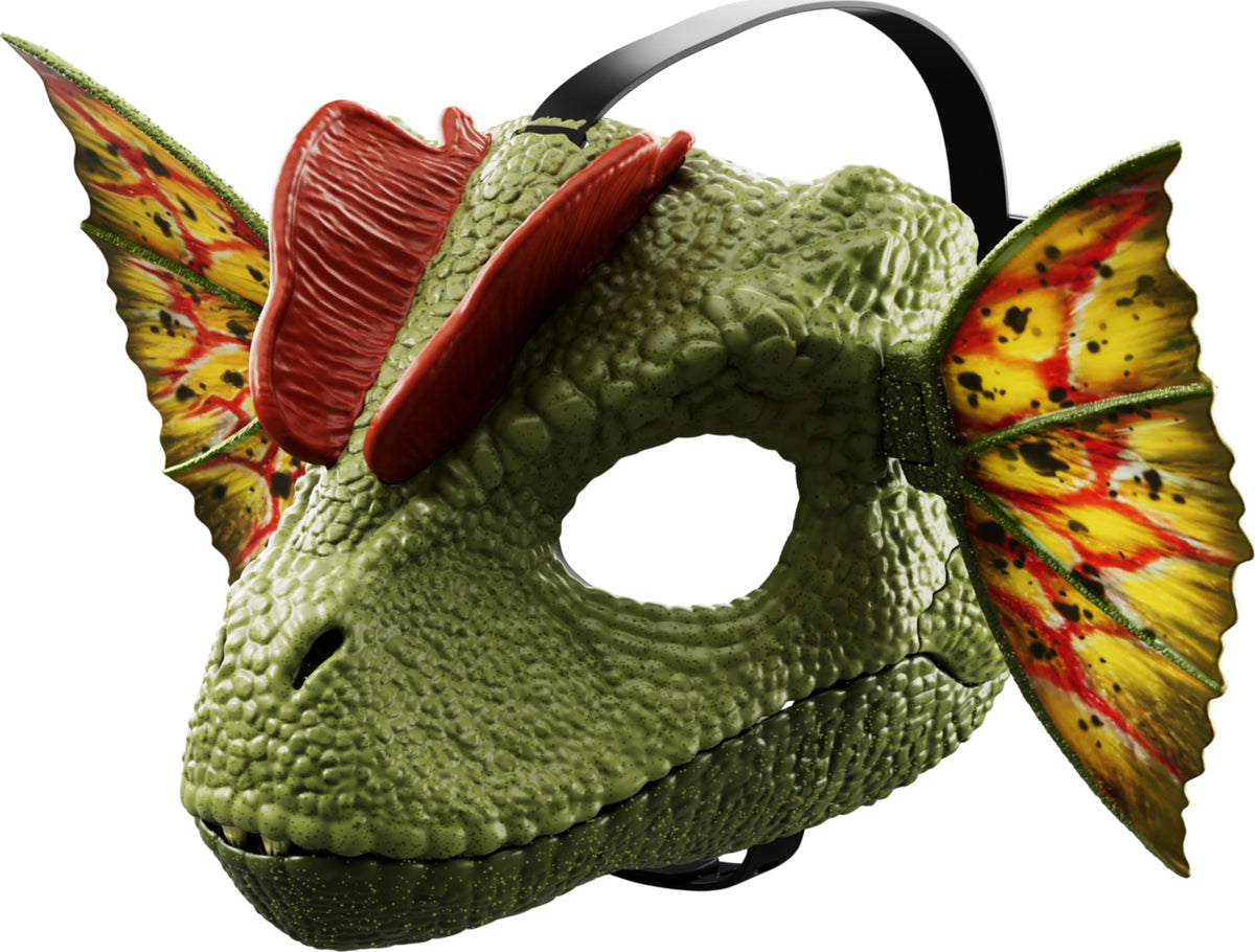 Mattel Jurassic World Dilophosaurus mask with Venom Launchin water feature for outdoor pretend play.
