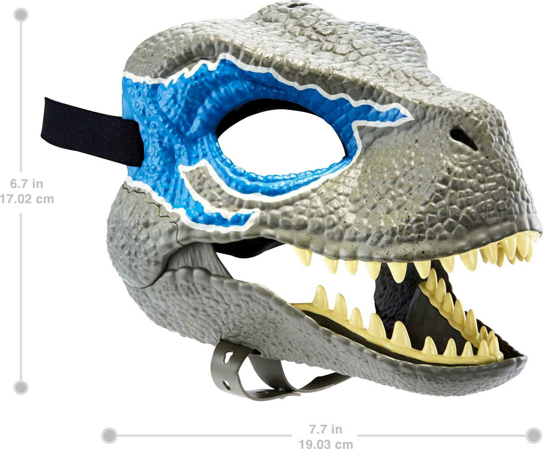 Mattel Jurassic World Blue mask shows realistic skin texture for immersive pretend adventures.