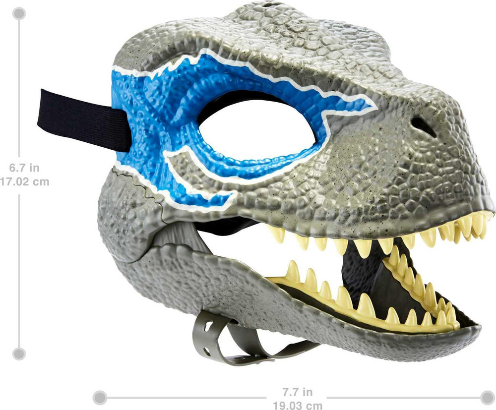 Mattel Jurassic World Blue mask shows realistic skin texture for immersive pretend adventures.
