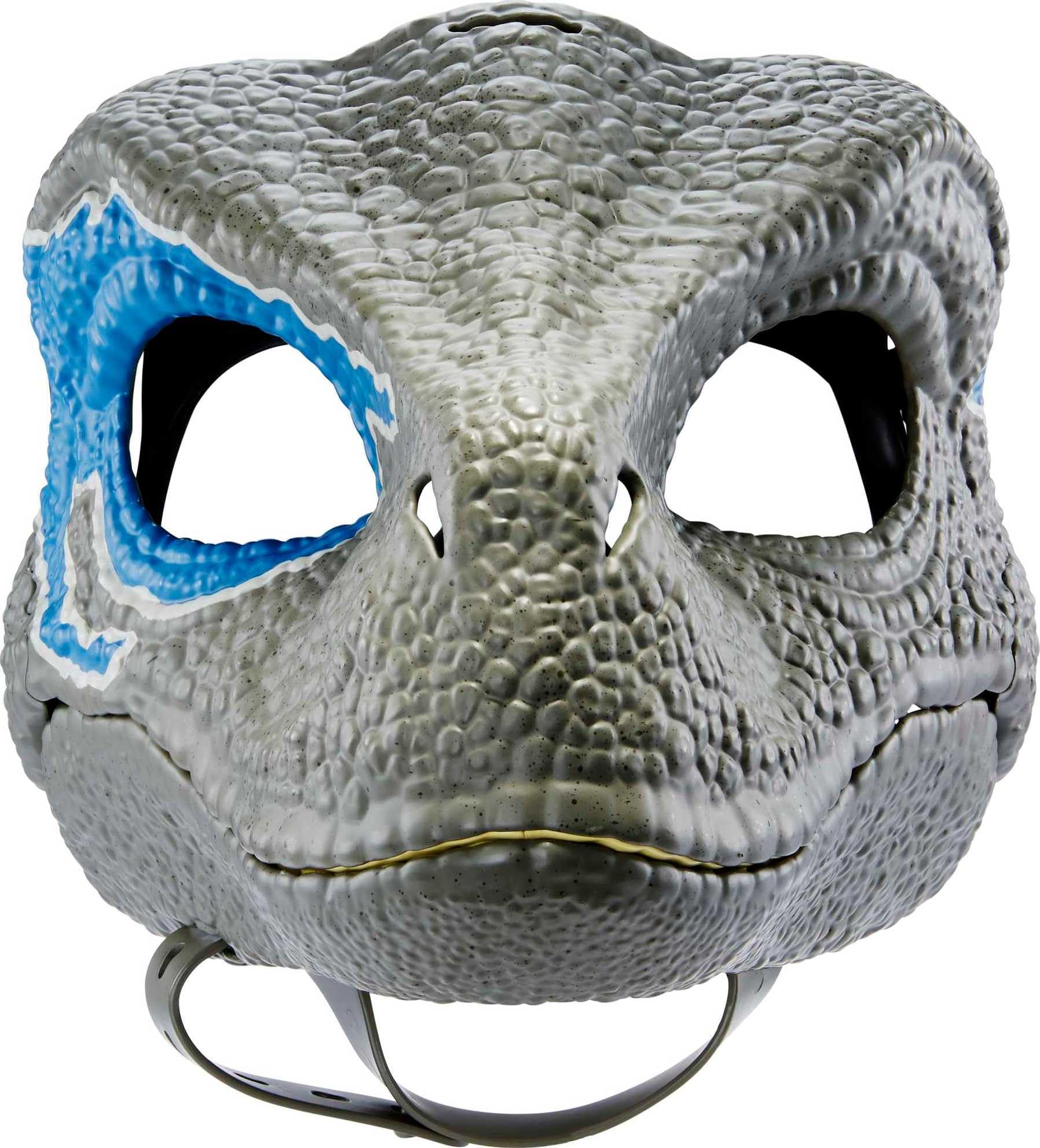 Mattel Jurassic World Blue mask features teeth detail for movie-inspired dinosaur drama.
