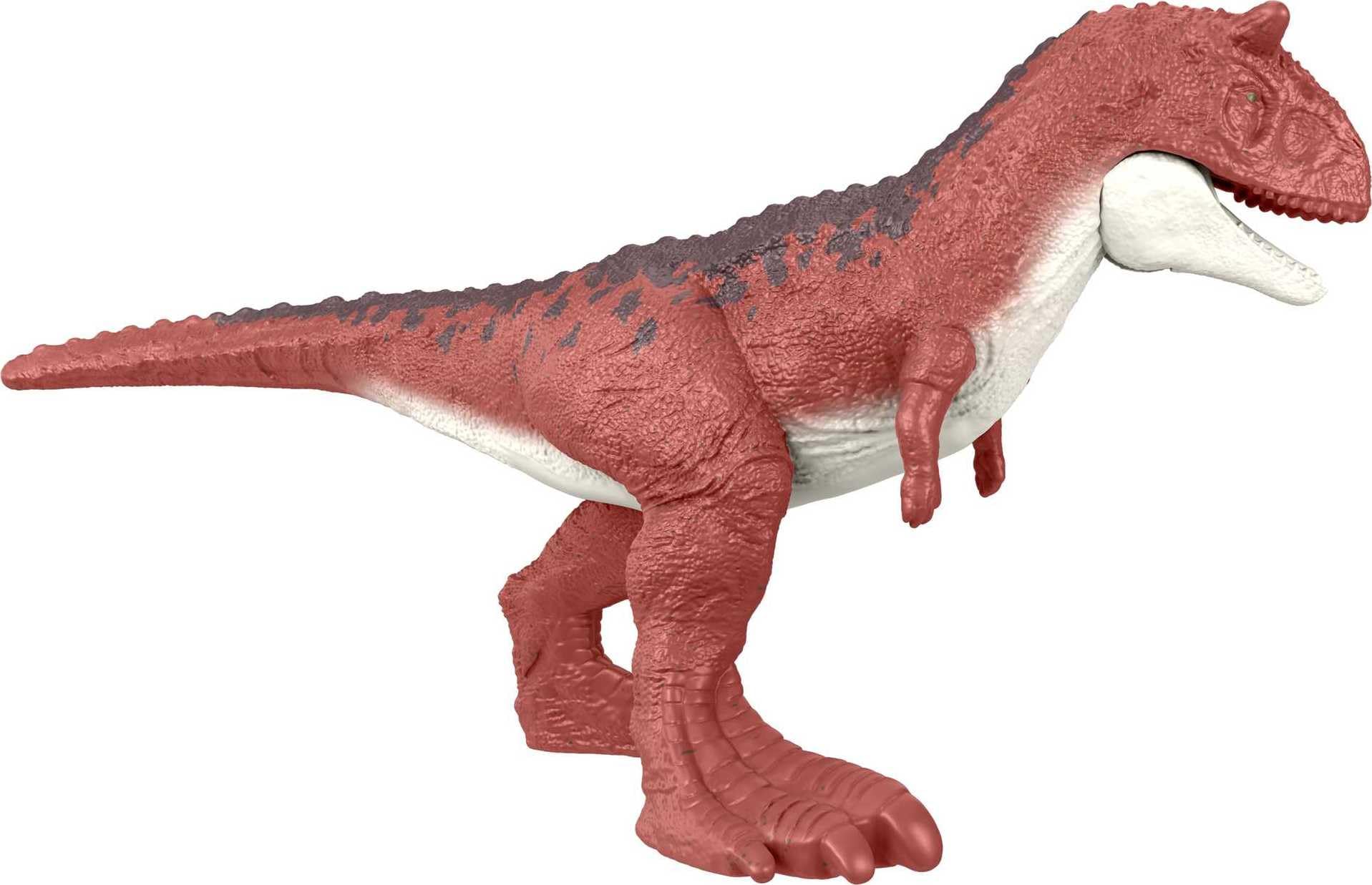 Mattel Jurassic World Dominion Carnotaurus Clash Pack mini-figures scale for realistic size comparisons.