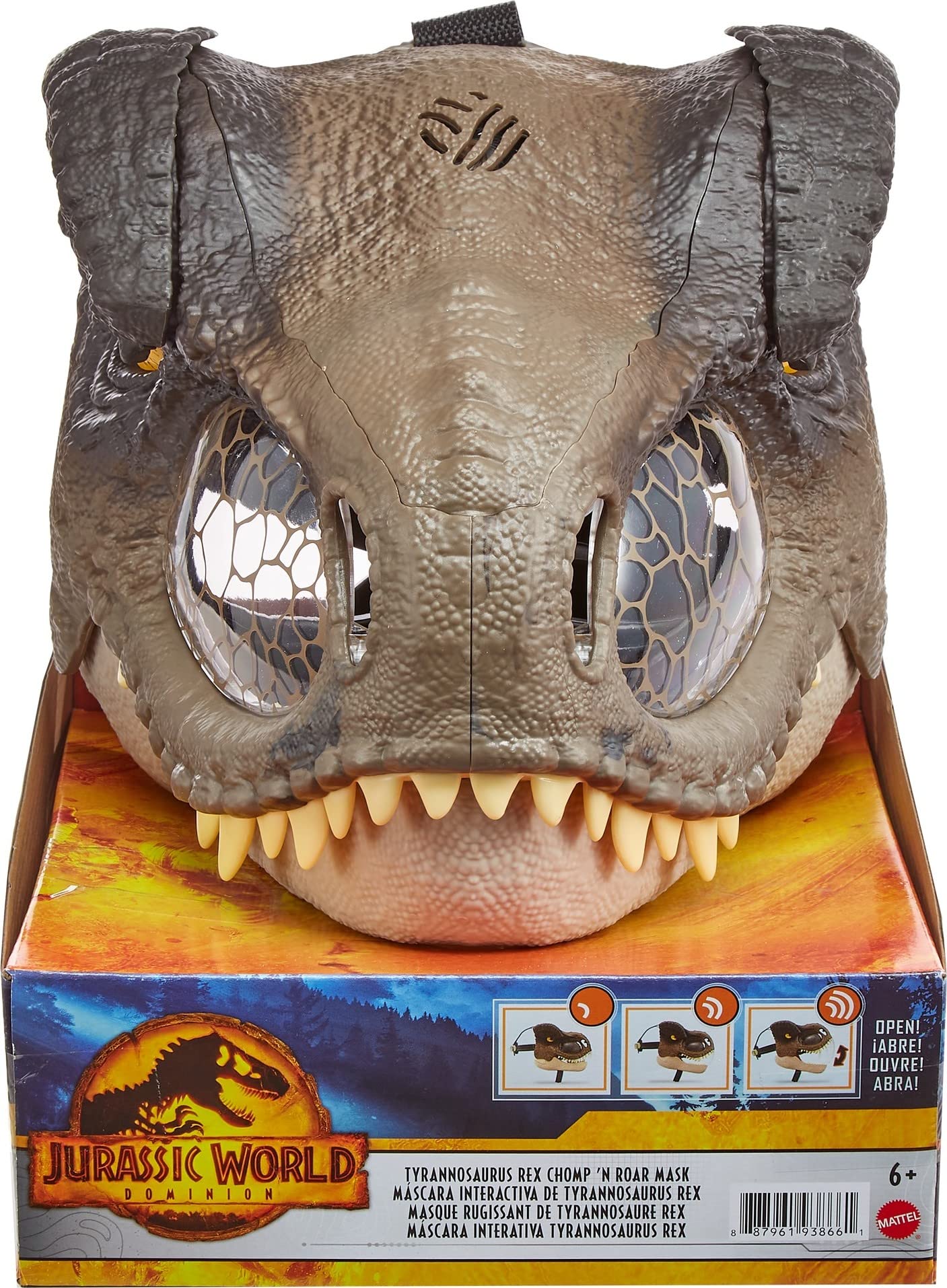Mattel Jurassic World Chomp N Roar mask ready for dinosaur roleplay adventures.