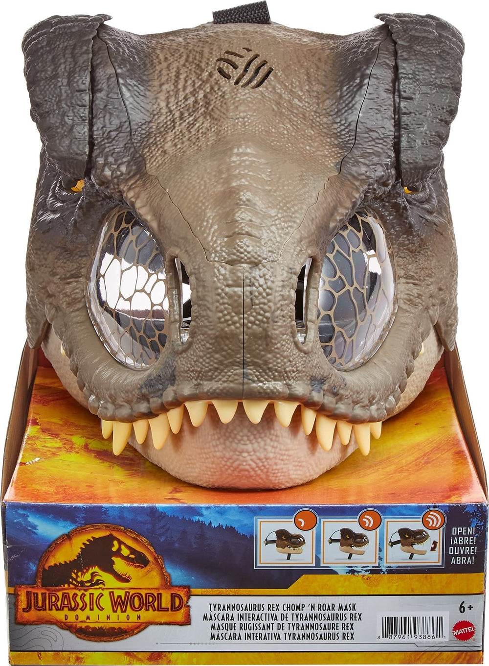 Mattel Jurassic World Chomp N Roar mask ready for dinosaur roleplay adventures.