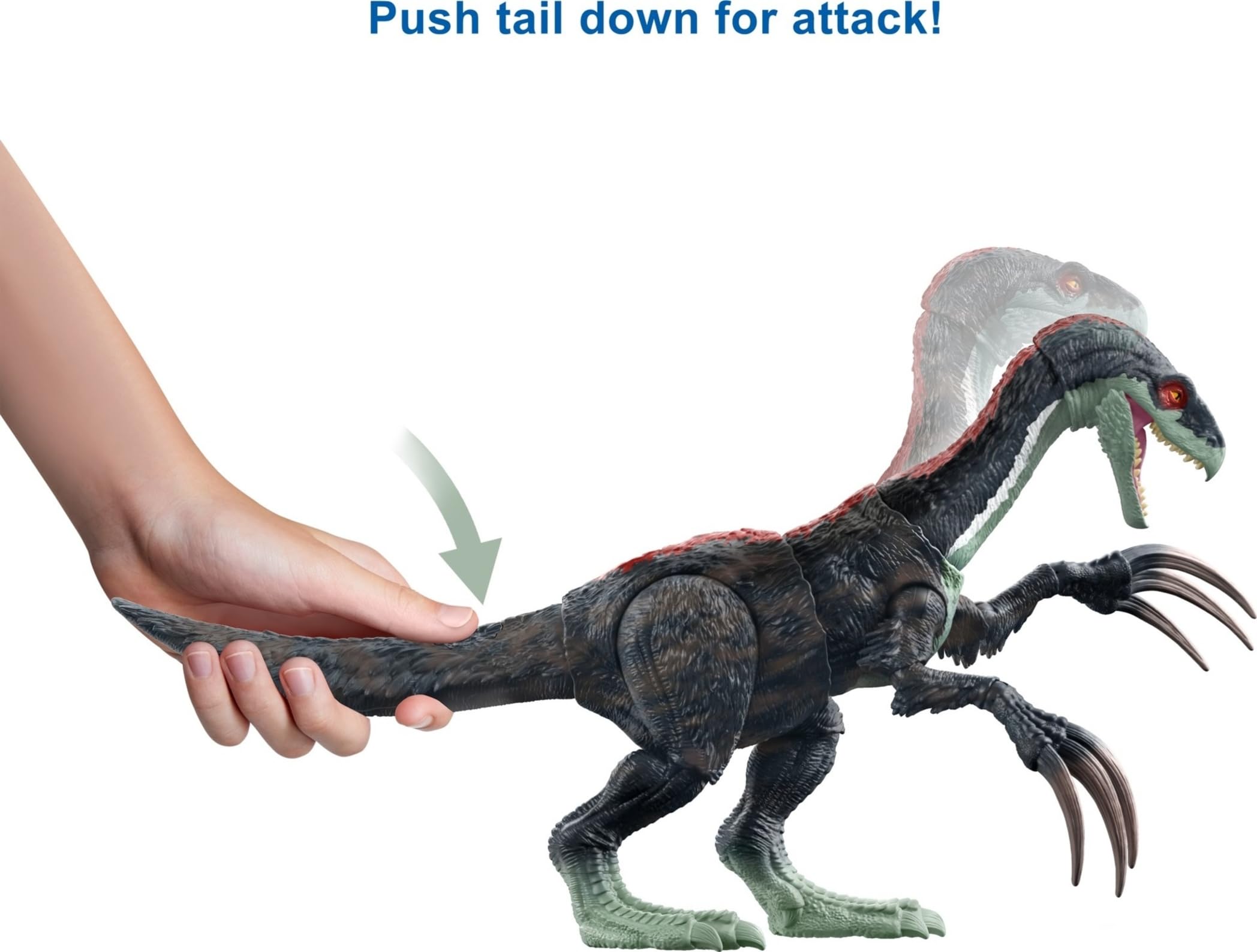 Mattel Jurassic World Dominion Therizinosaurus claws close-up highlighting sculpted detail.