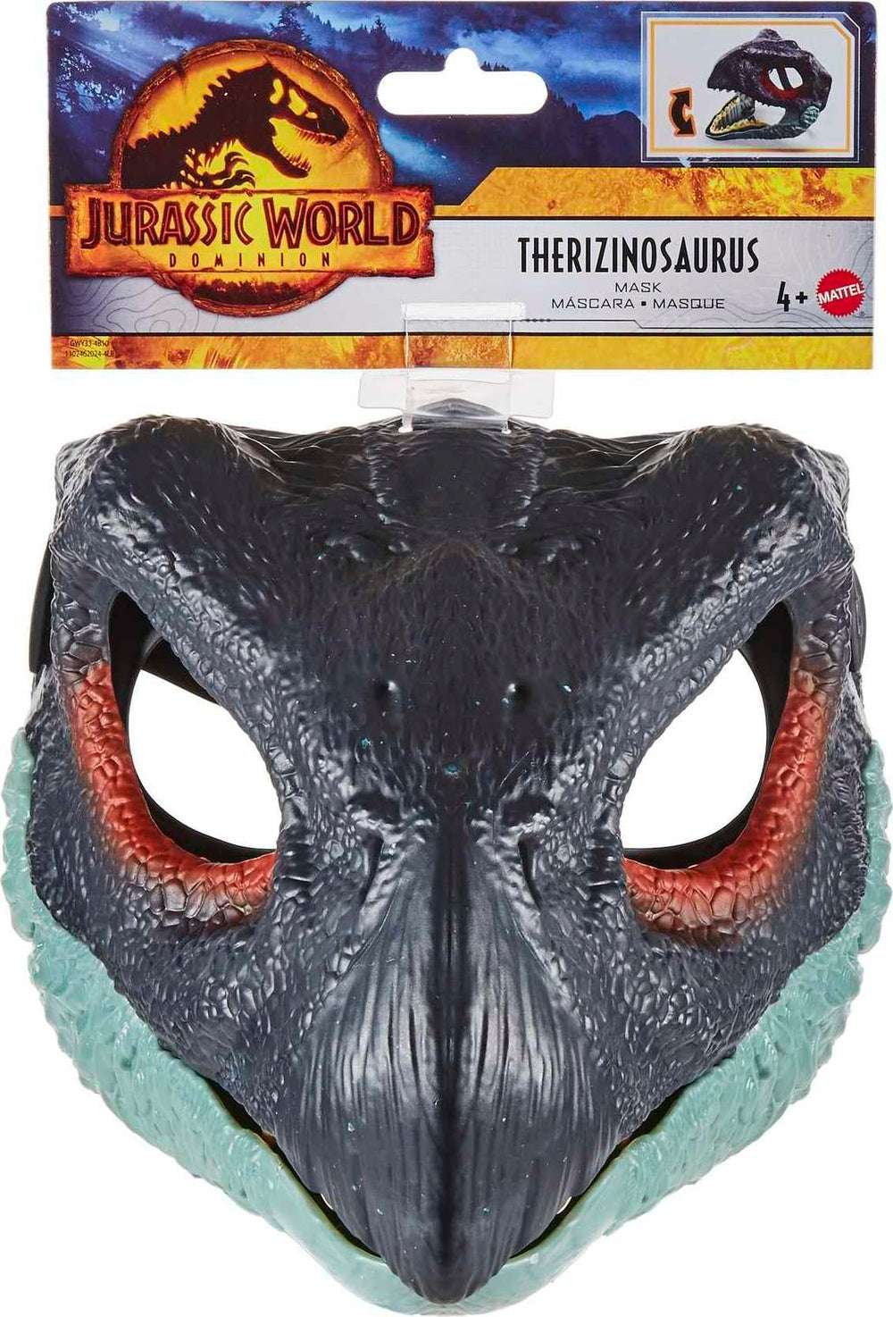 Mattel Jurassic World Dominion Therizinosaurus mask pairs with costumes for imaginative play.