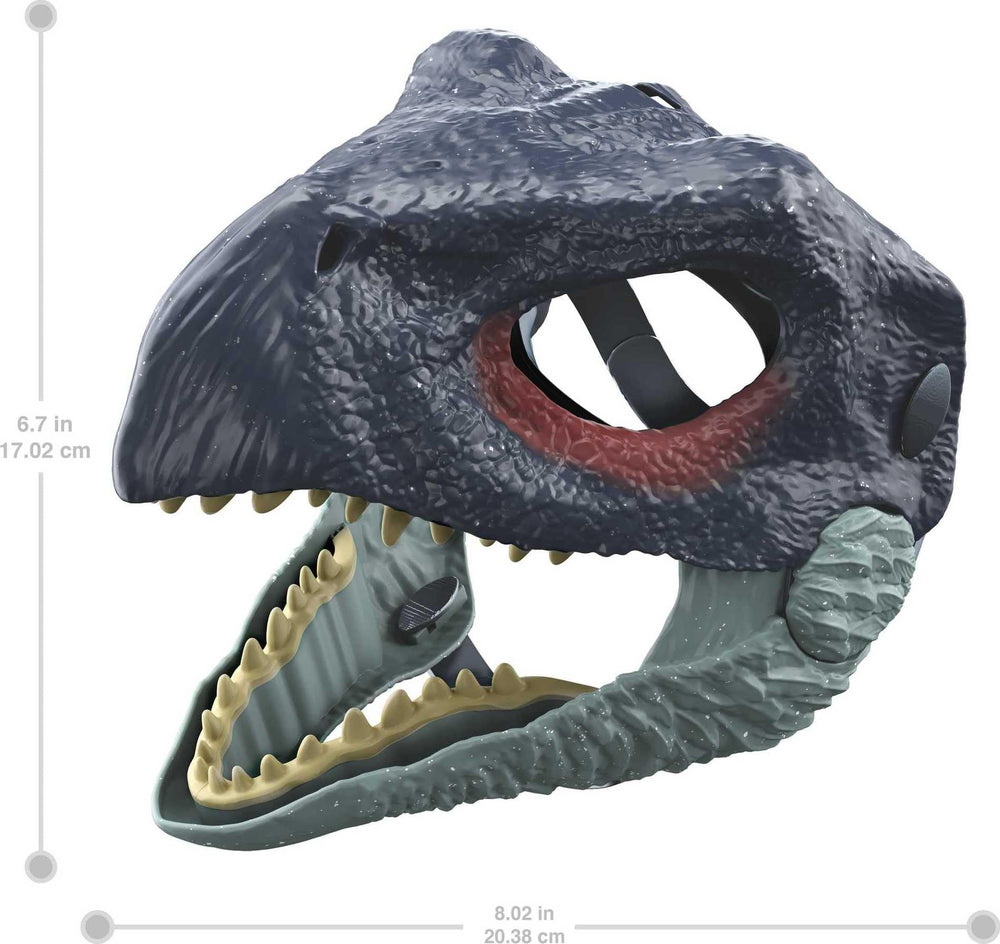 Mattel Jurassic World Dominion Therizinosaurus mask highlights realistic teeth for thrilling role-play.
