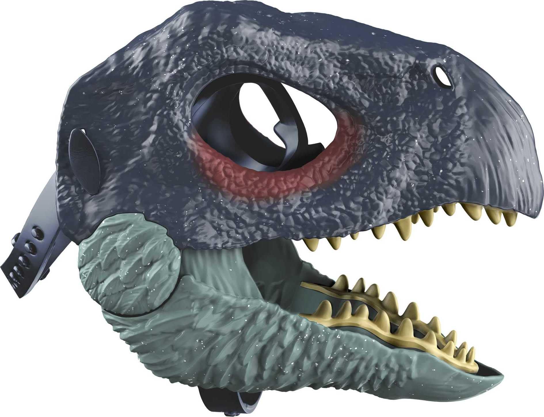 Mattel Jurassic World Dominion Therizinosaurus mask includes eye and nose openings for visibility.