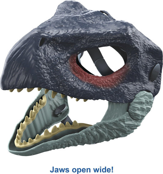 Mattel Jurassic World Dominion Therizinosaurus mask shows textured skin for lifelike pretend adventures.