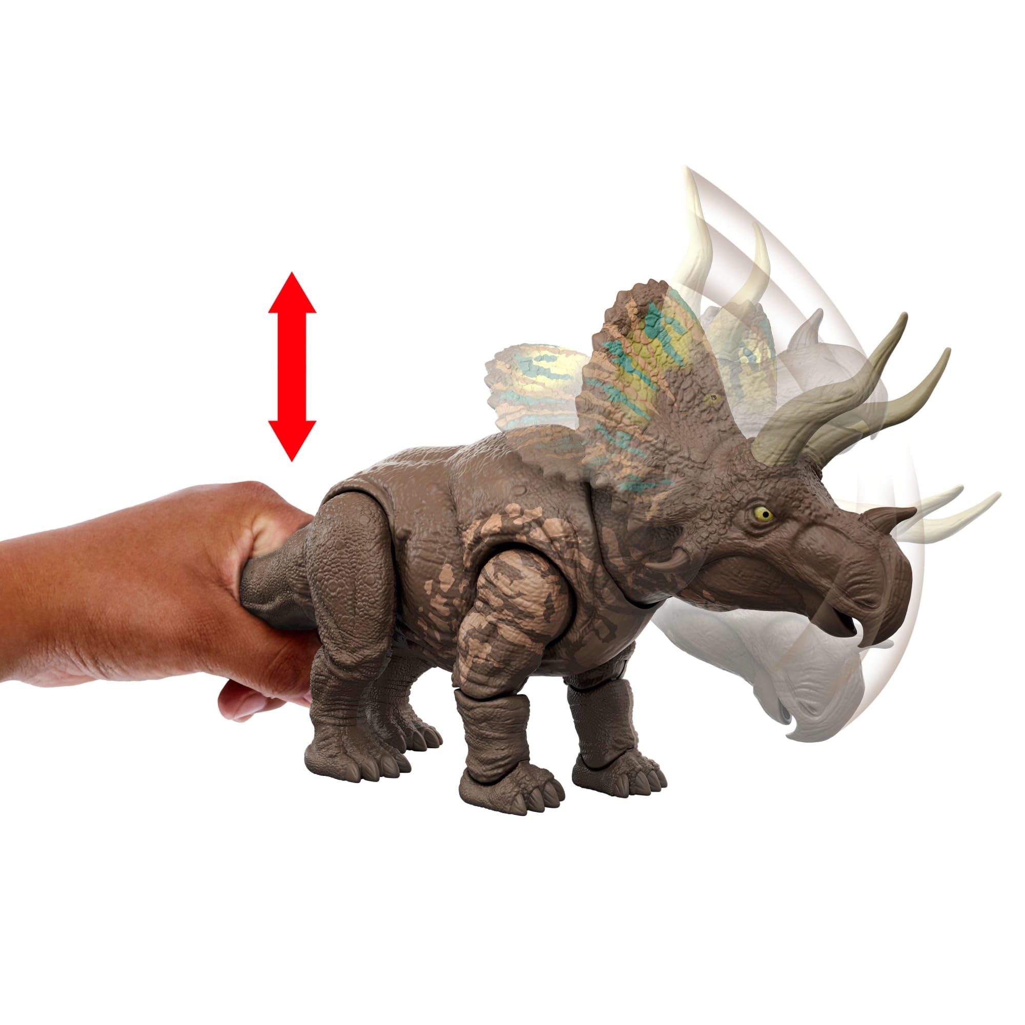 Mattel Eotriceratops head-bump action invites immersive pretend battles with friends.