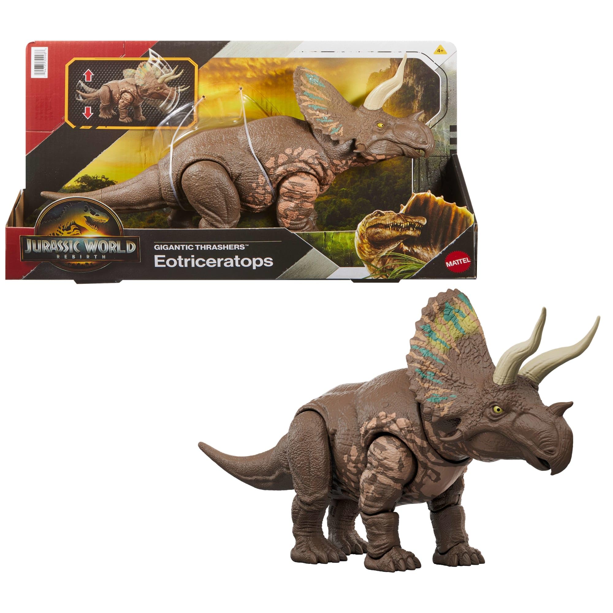 Mattel Jurassic World Eotriceratops ramps up play with a dramatic rampage attack.