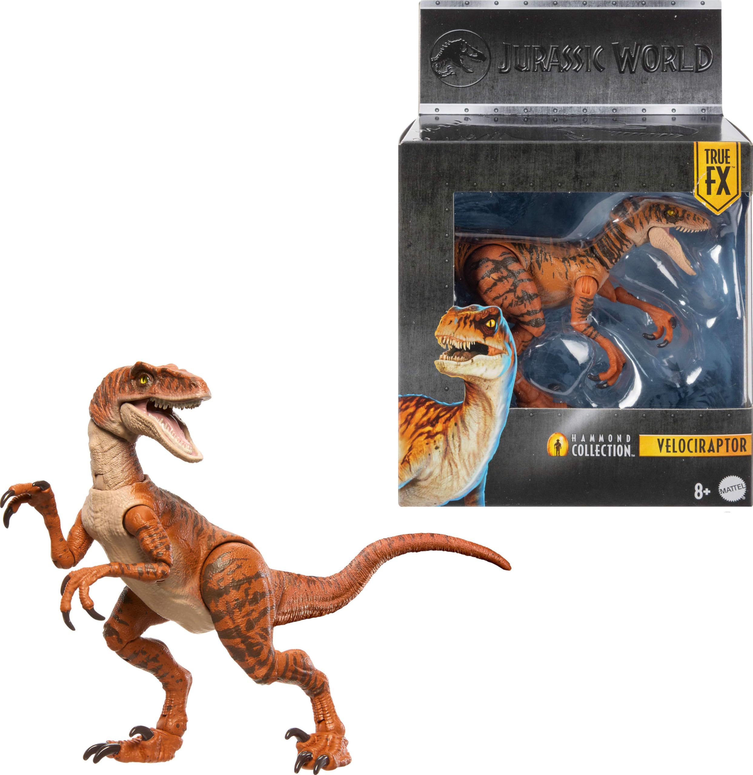 Mattel Jurassic World Hammond Atrociraptor Tiger with glass eyes for lifelike display.