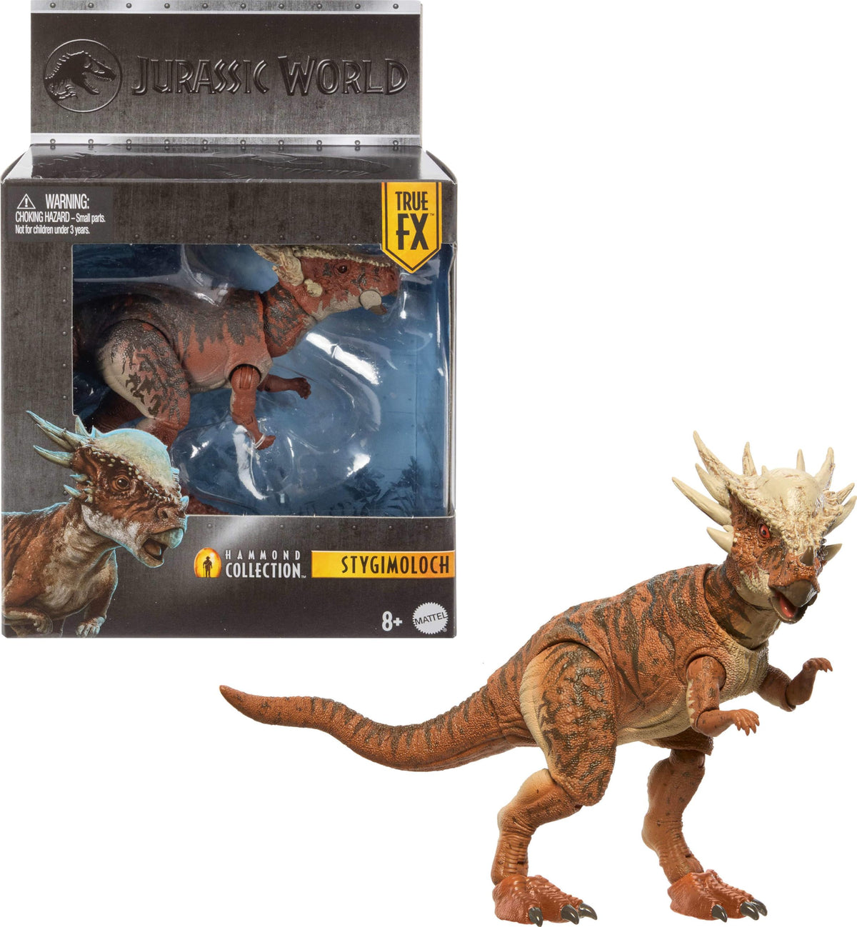 Mattel Jurassic World Stygimoloch figure with glass eyes for lifelike display.