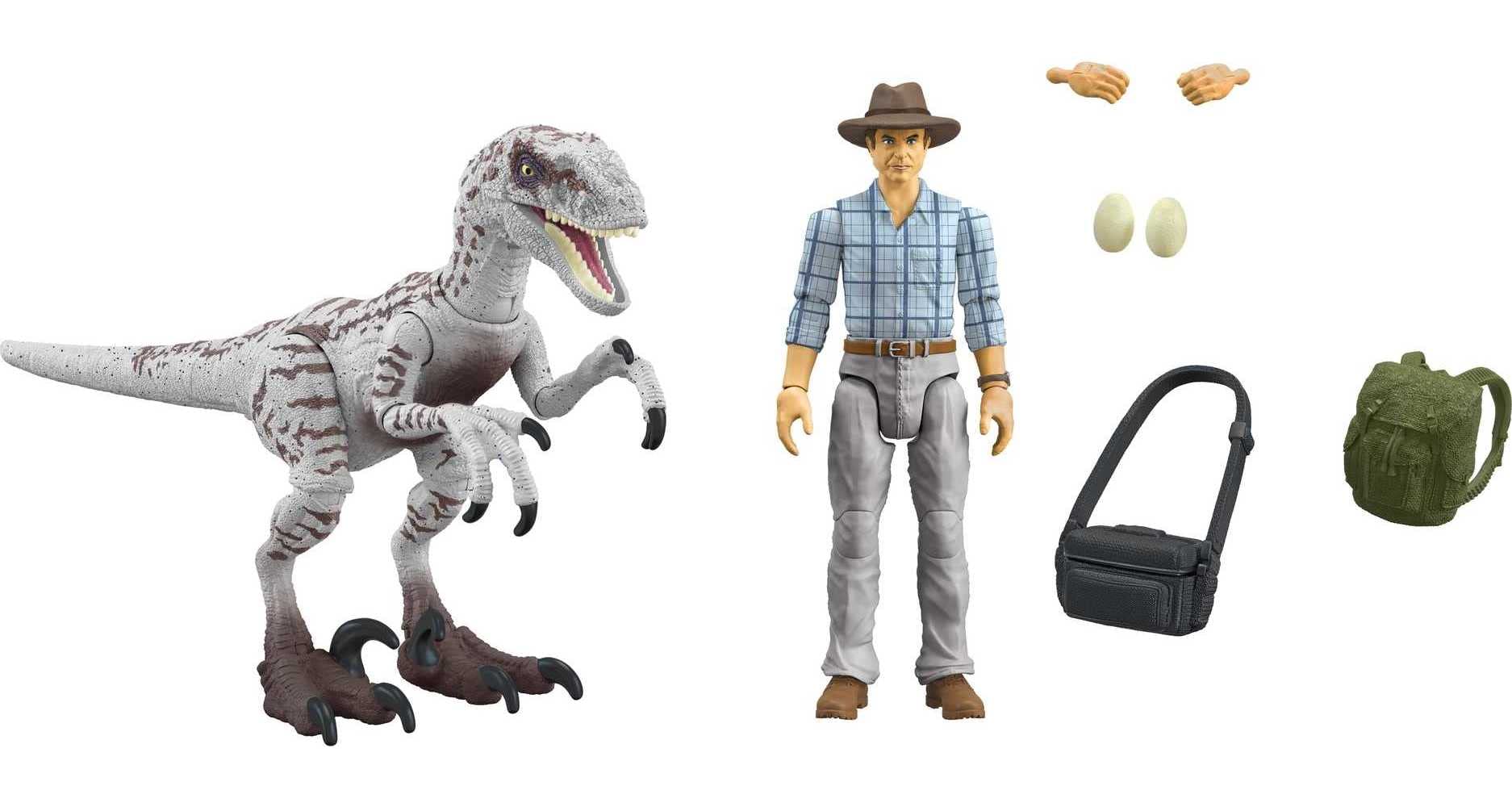 Mattel Jurassic World Hammond Grant backpack with removable eggs for a movie-inspired setup.