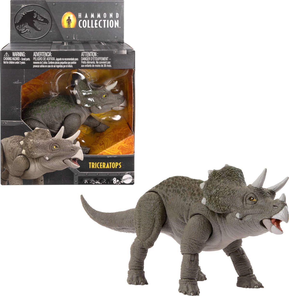 Mattel Jurassic World Hammond Triceratops juvenile with glass eyes for lifelike display.