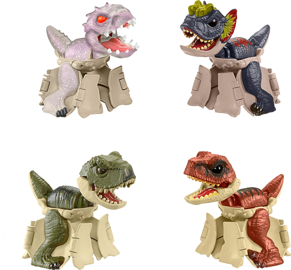 Mattel Jurassic World Hidden Hatchers 4-Pack front view with four egg-to-dinosaur figures for imaginative play