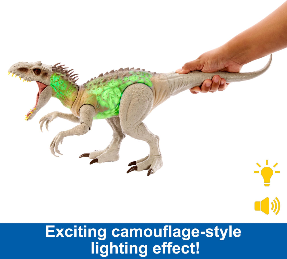 Mattel Jurassic World Indominus Rex roars and sounds add authentic dinosaur ambience.