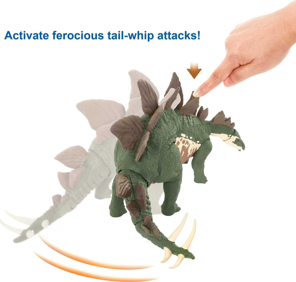 Mattel Jurassic World Mega Destroyers Stegosaurus shows movable joints for posing and dynamic battles.