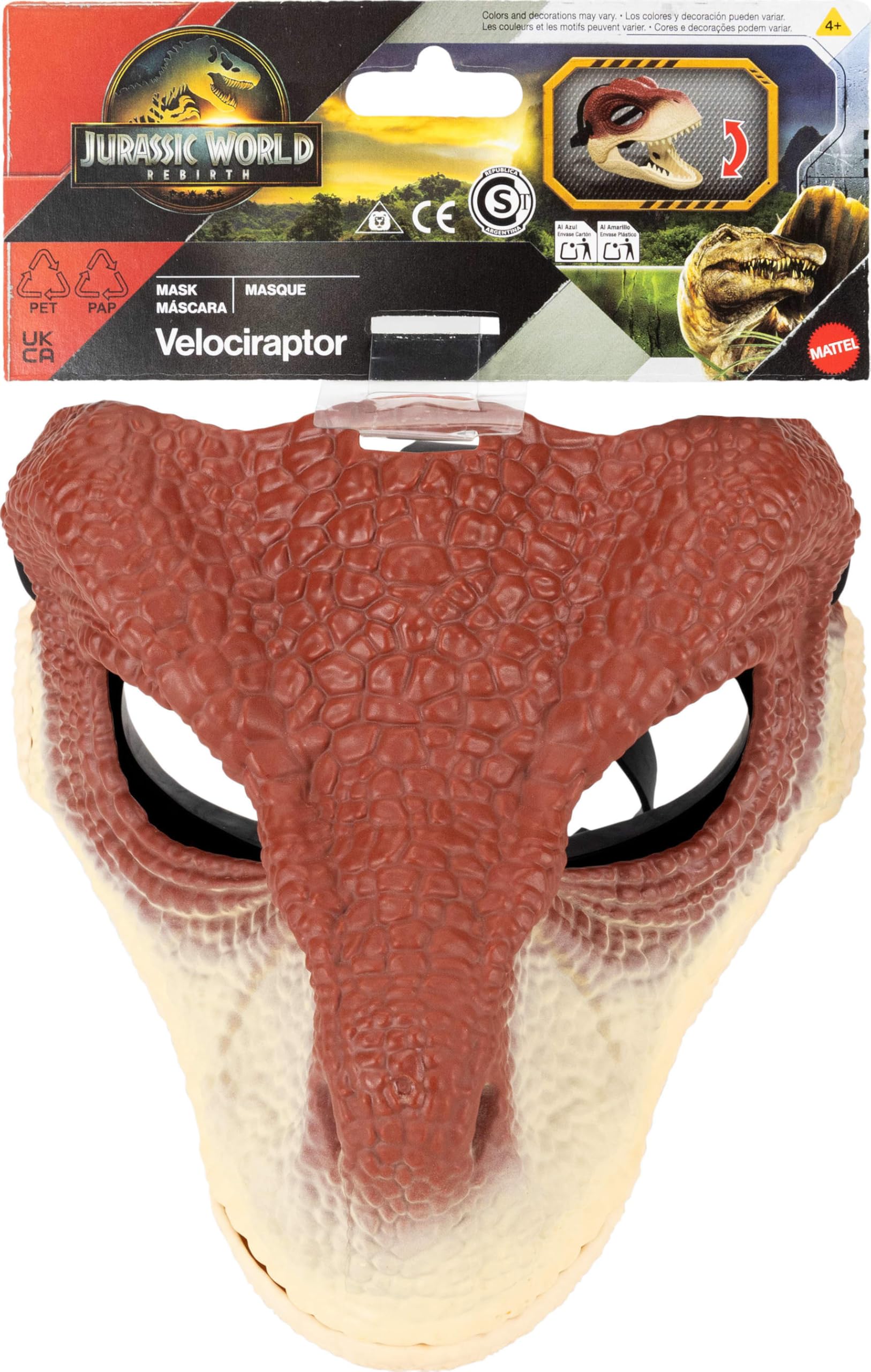 Mattel Jurassic World Rebirth Raptor mask adjustable strap ensures secure fit.