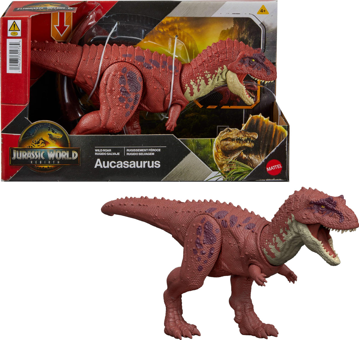 Mattel Jurassic World Rebirth Aucasaurus chomp action in motion for dynamic battles.