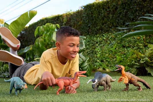Mattel Jurassic World Rebirth Aucasaurus tail control changes chomp direction.