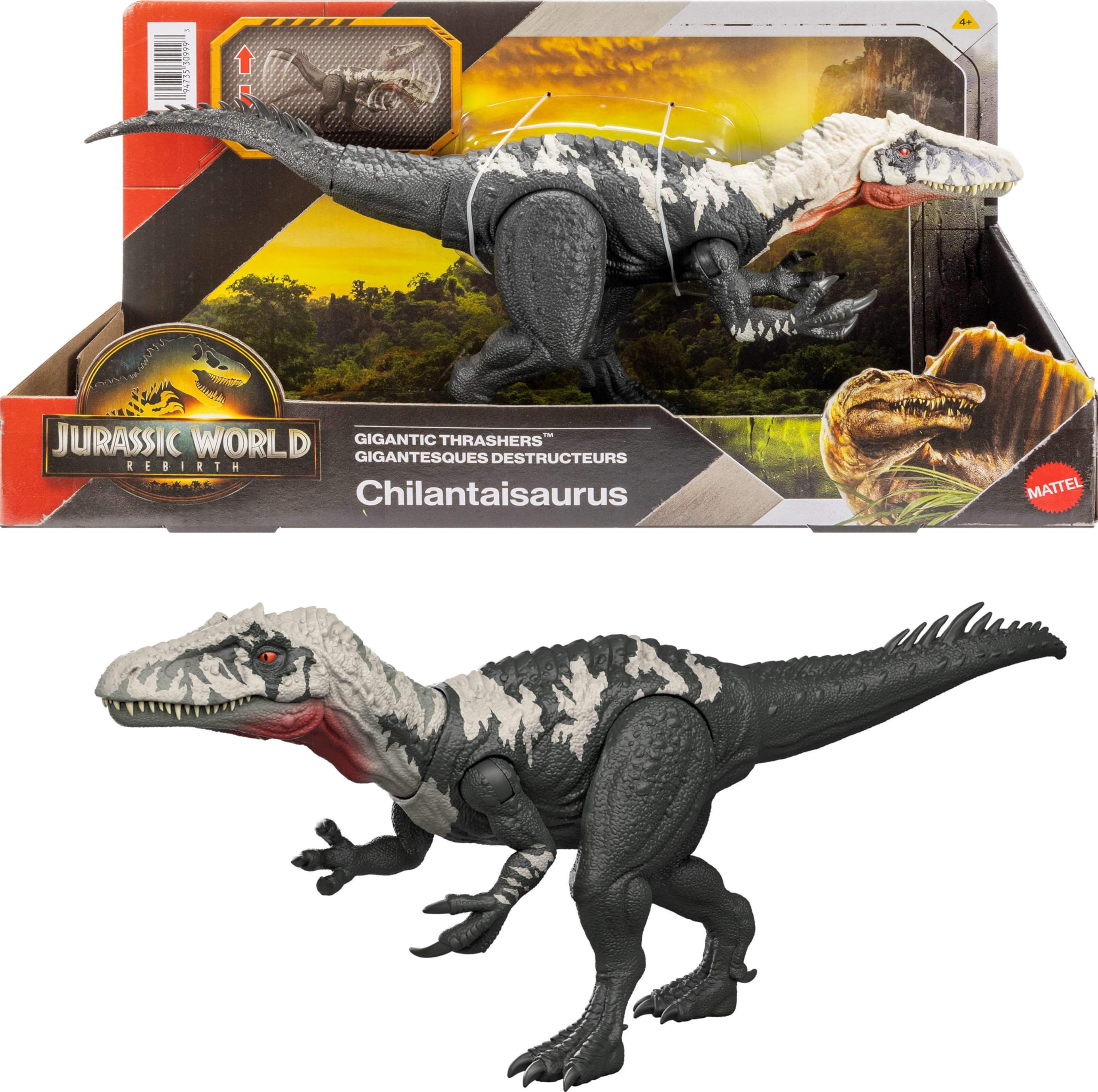 Mattel Jurassic World Rebirth Chilantalsaurus side view shows authentic sculpt and battle-ready pose