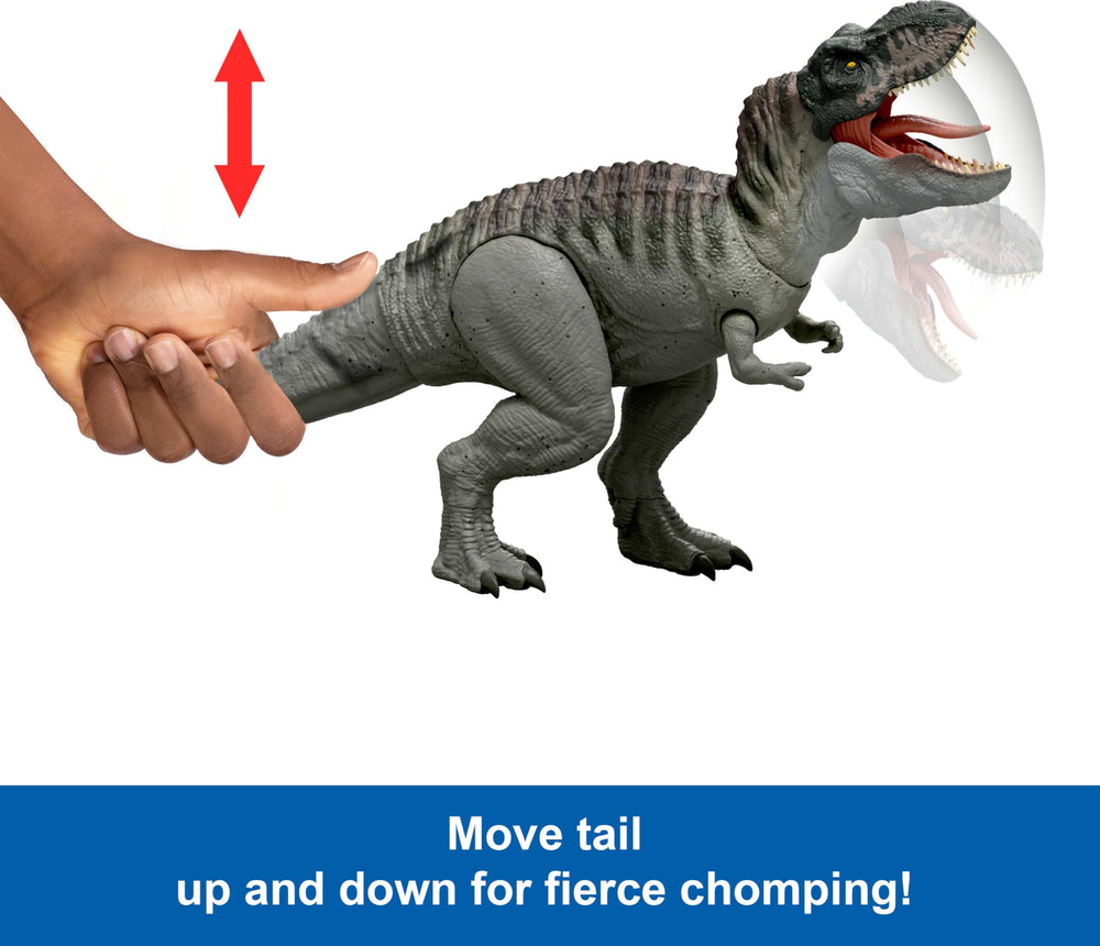 Mattel Jurassic World Rebirth Power Devour T. rex tail movement controls head and jaw motion