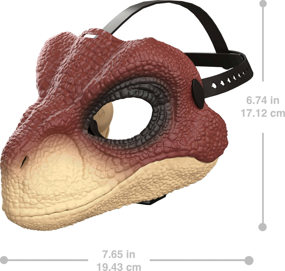 Mattel Jurassic World Rebirth Raptor mask open jaw ideal for chomping play.